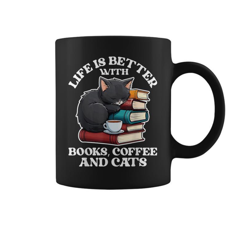 Life Is Better With Books Cats & Coffee Librarian Book Lover Graphic Print Coffee Mug