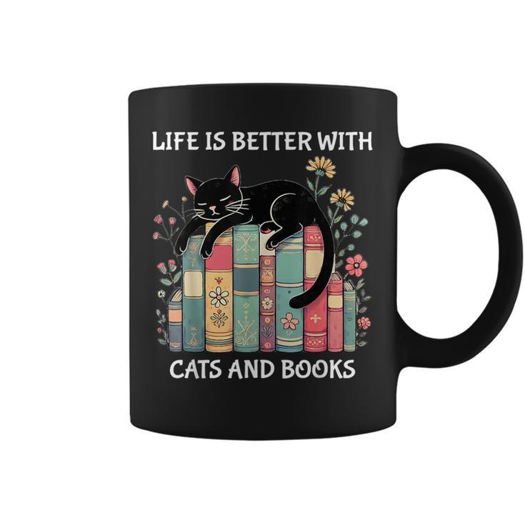 Life Is Better With Cats And Books Cute Cat Lover Graphic Print Coffee Mug