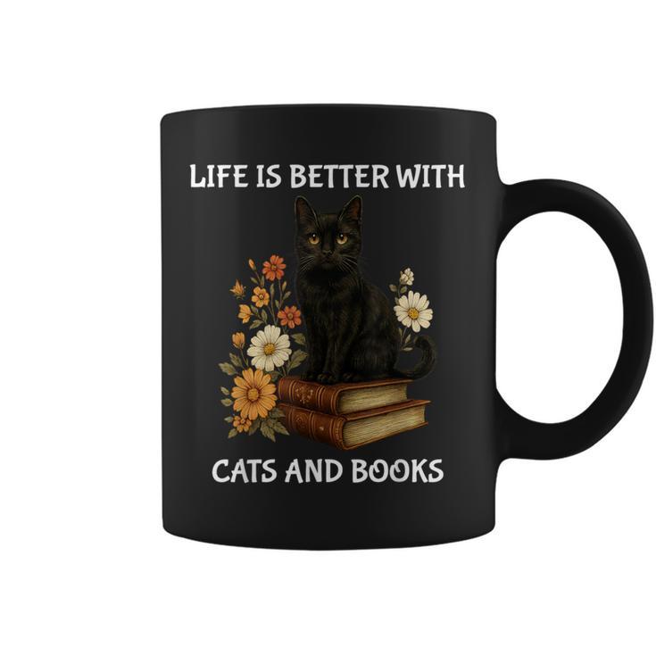 Life Is Better With Cats And Books Cute Cat Lover For Men Women Kids Graphic Print Coffee Mug