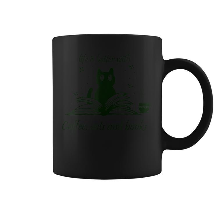 Life With Book Reading Cats And Coffee Ironic Kitty Graphic Print Coffee Mug