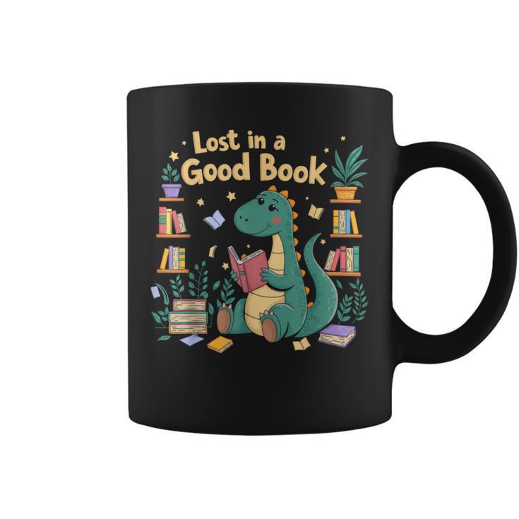 Lost In a Good Book Cute Reading Dinosaur Illustration Graphic Print Coffee Mug