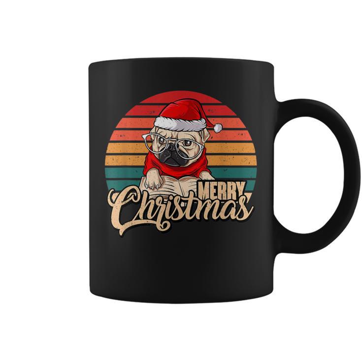 Merry Christmas Retro Vintage Pugmas Pug Reading Books Graphic Print Coffee Mug
