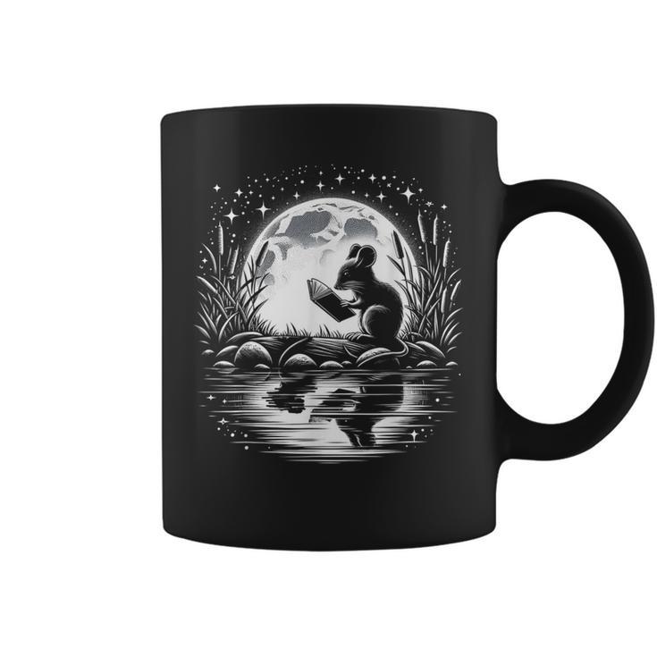 Mouse Reading Book Full Moon Lake Scenery Graphic Print Coffee Mug