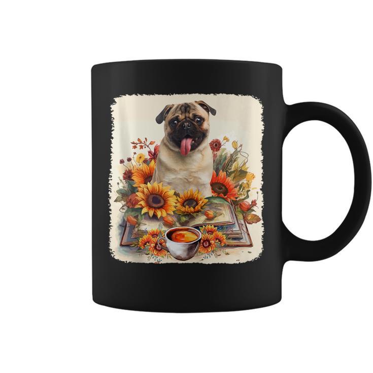 Pug Reading Books Sunflowers With Coffee Lover Owner Graphic Print Coffee Mug