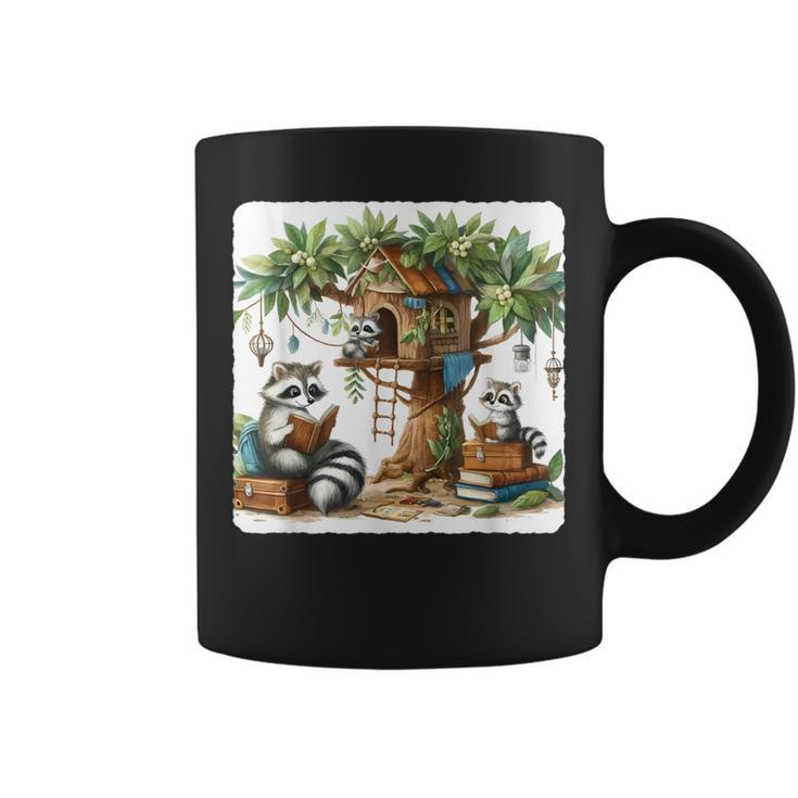 Raccoon Family Reading Around Treetop Home Books Adventure Graphic Print Coffee Mug