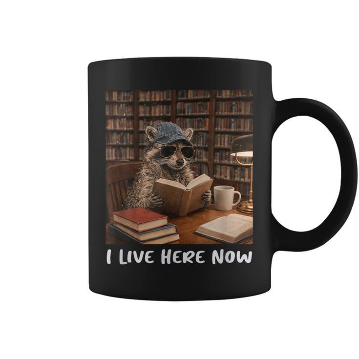 Raccoon I Live Here Now Book Lover Racoon Reading Book Graphic Print Coffee Mug
