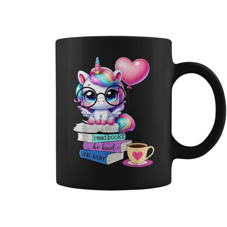 Read Books Be Kind Stay Weird Cute Unicorn Reading Librarian Graphic Print Coffee Mug