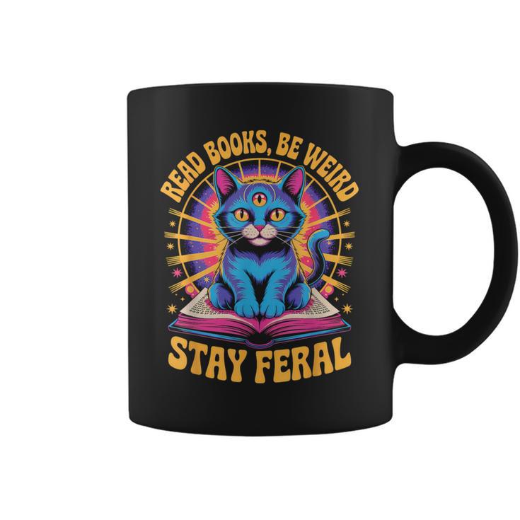 Read Books Be Weird Stay Feral Cat Groovy Graphic Print Coffee Mug