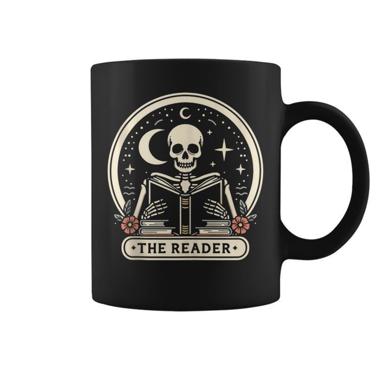 The Reader Tarot Skeleton Gothic Bookish Book Reading Lover Graphic Print Coffee Mug