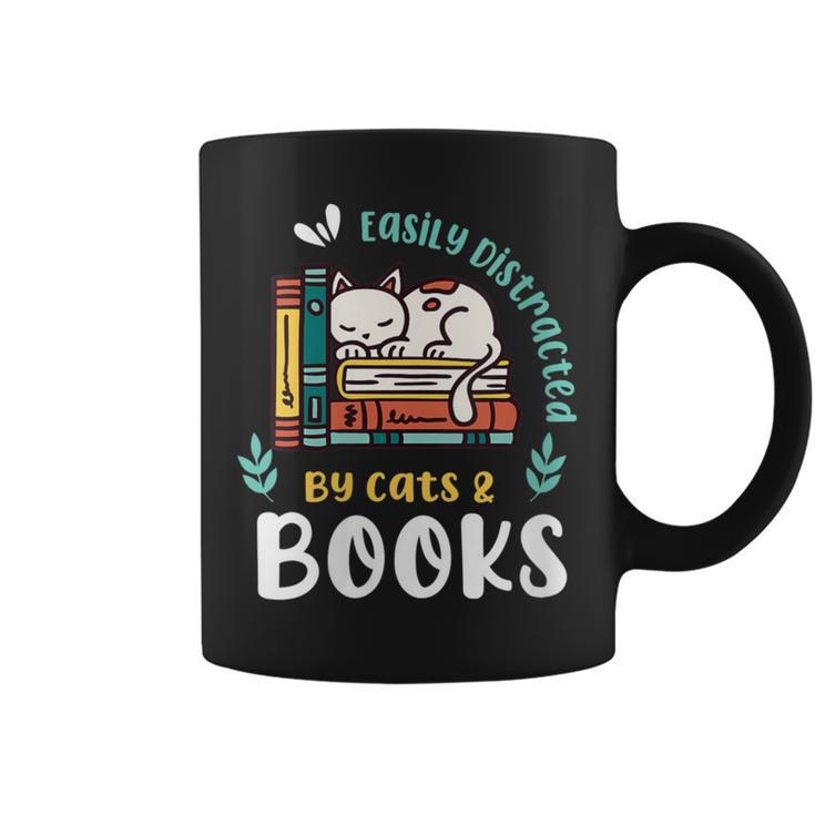 Saying About Books Easily Distracted By Cats And Books Graphic Print Coffee Mug