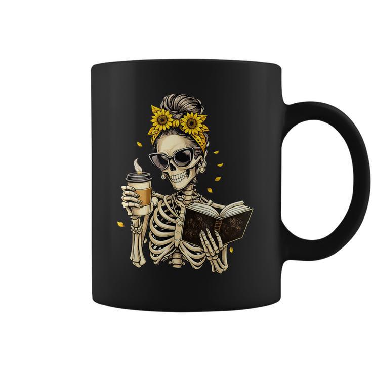 Skeleton Girl Drinking Coffee Bow Sunflower Book Lover Graphic Print Coffee Mug