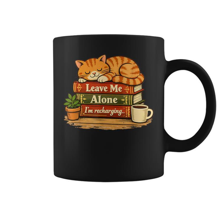 Sleeping Cat On Books Leave Me Alone I'm Recharging Graphic Print Coffee Mug