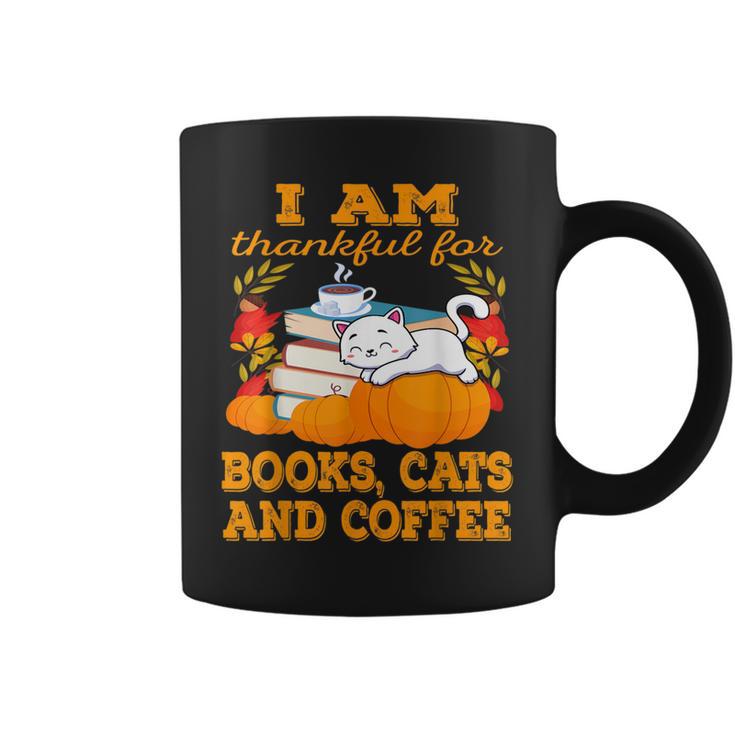 I Am Thankful For Books Cats And Coffee Thanksgiving Graphic Print Coffee Mug