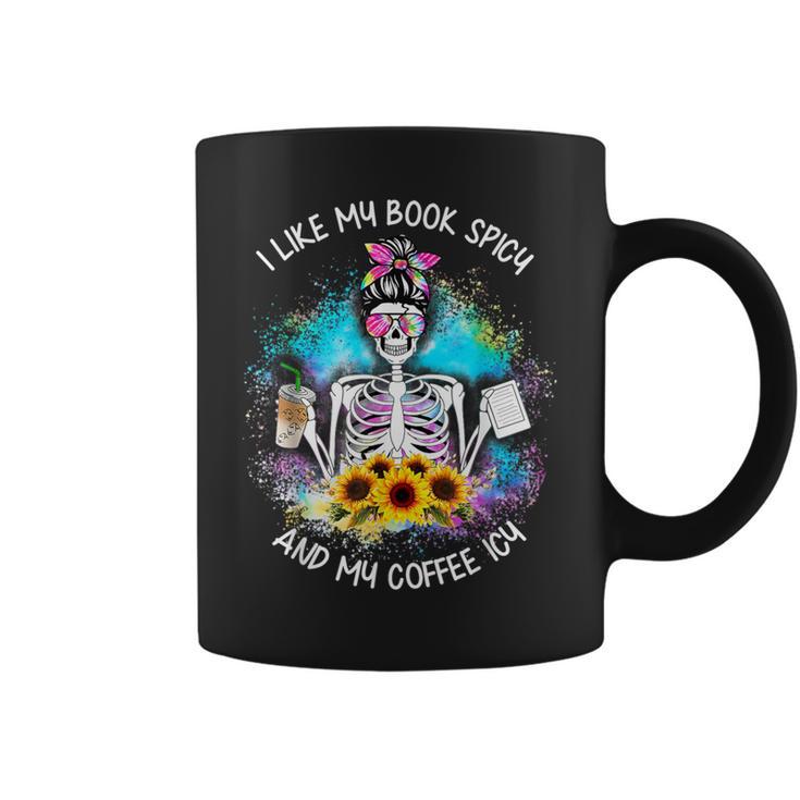 Tie-Dye Messy Bun Skull I Like My Books Spicy & My Coffee Graphic Print Coffee Mug