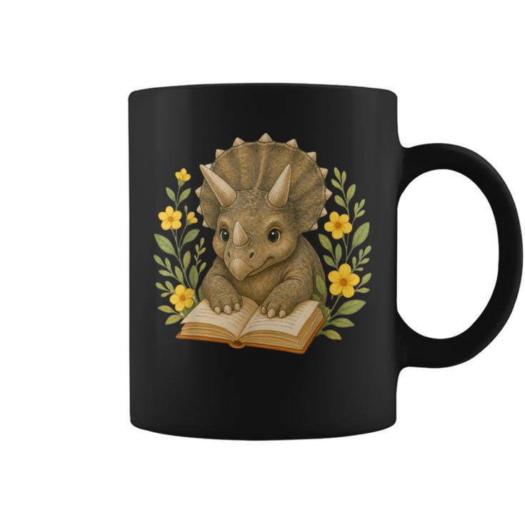 Triceratops Dinosaur Reading Book Flowers Floral Graphic Print Coffee Mug