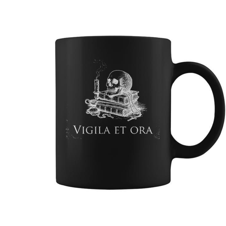 Vigila Et Ora Skull On Books Latin Graphic Print Coffee Mug