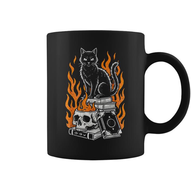 Witchy Creepy Goth Cat Skull Flames Occult Magic Books Graphic Print Coffee Mug
