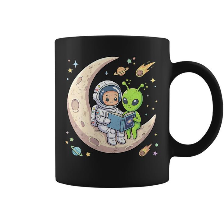 Women's Astronaut Reading Book With Alien Moon Space Astronomy Graphic Print Coffee Mug