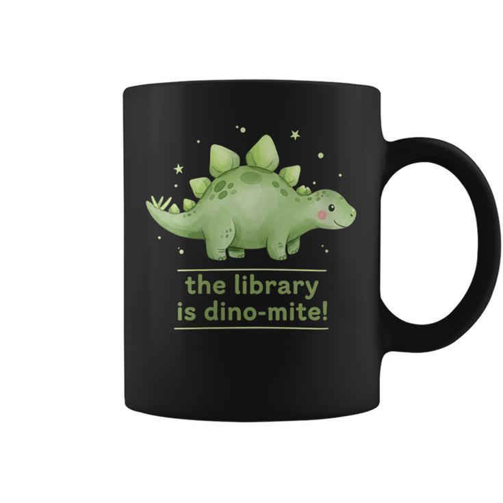 Women's The Library Is Dino-Mite Stegosaurus Reading Kids Book Graphic Print Coffee Mug