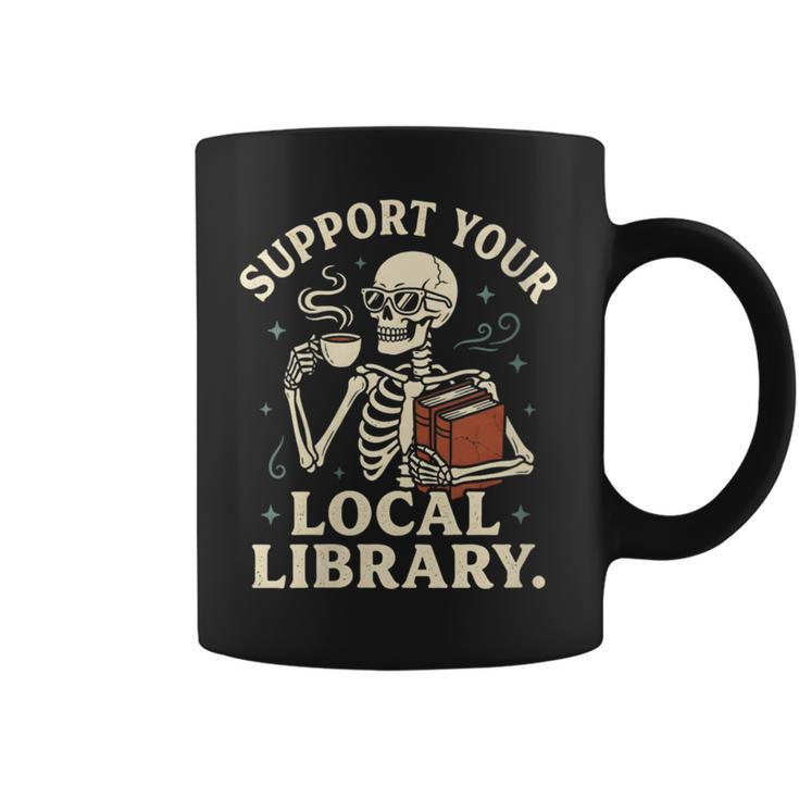 Women's Support Your Local Library Skeleton Reading Books Librarian Graphic Print Coffee Mug