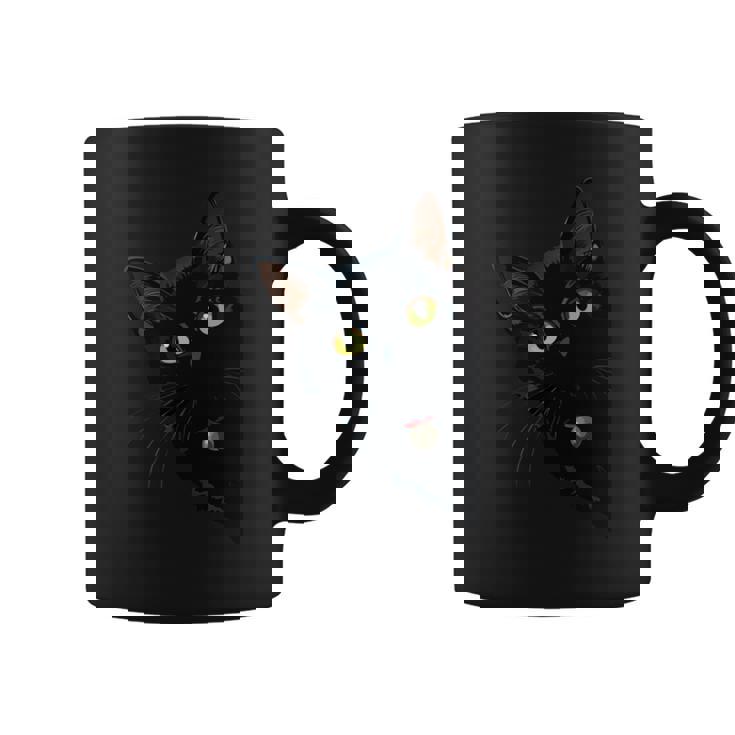 こっそり猫 物陰からじっと見つめる黒猫デザイン 長袖tシャツ コーヒーマグ