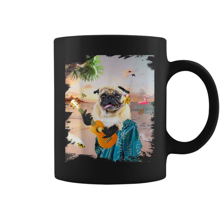 アロハ ハワイアン 犬 パグ ウクレレ ビーチ ファニー コーヒーマグ