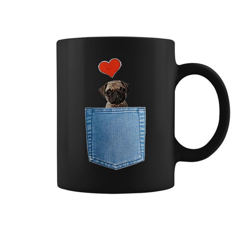 ジーンズポケット付きシャツ パグ犬とハート犬のモチーフ コーヒーマグ