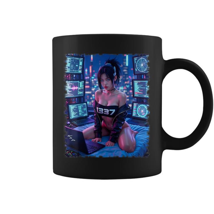 セクシーガールグラフィックtシャツ 1337 サイバーパンク ハッカーガール コーヒーマグ