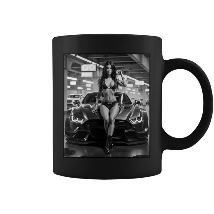 セクシーガールグラフィックtシャツ セクシーピンナップモデル&エキゾチックカーb&W 長袖tシャツ コーヒーマグ