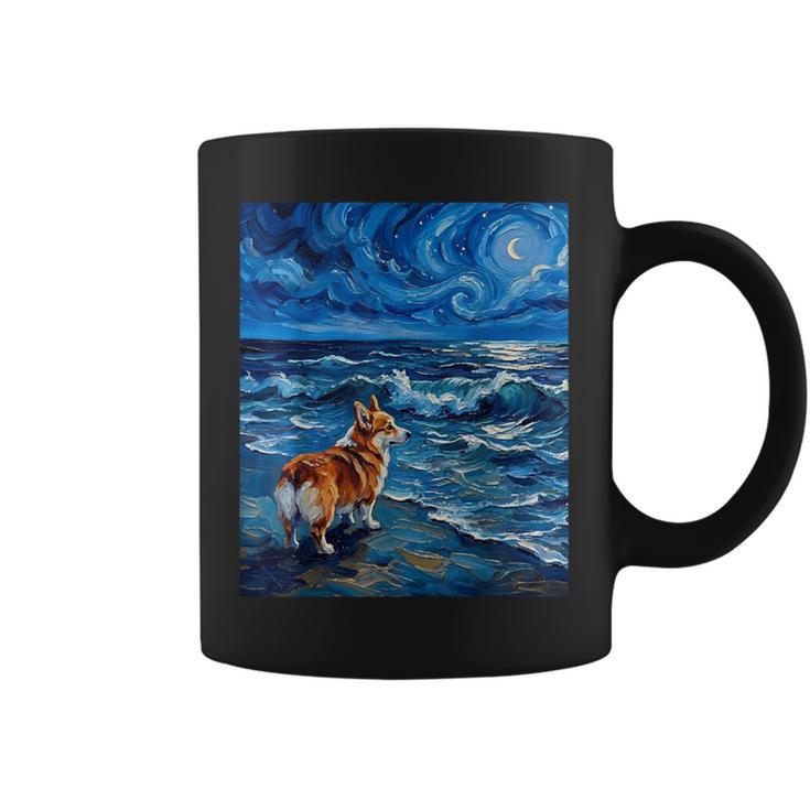 ペンブローク ウェールズ コーギー 犬 星月夜 ビーチ アートワーク コーヒーマグ