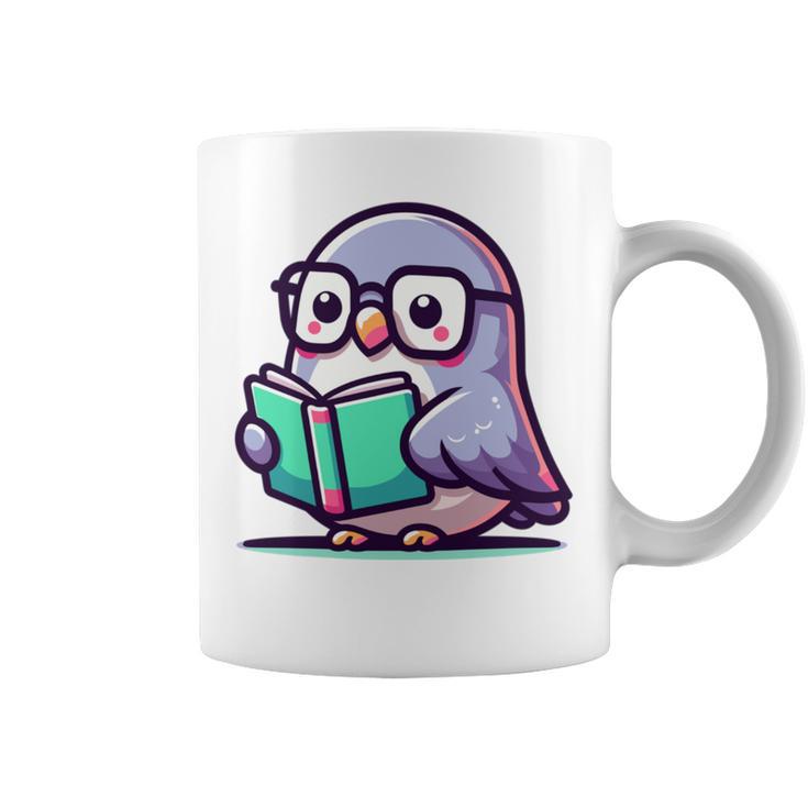 Adorable Book Lover Pigeon With Reading Glasses Cute Graphic Print Coffee Mug