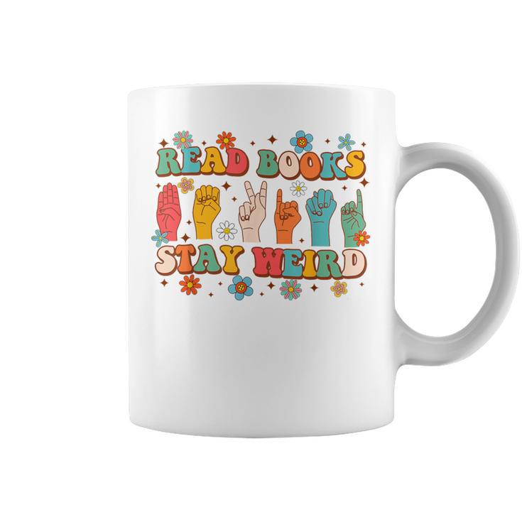 ASL American Sign Language Reads Books Stays Weird Graphic Print Coffee Mug