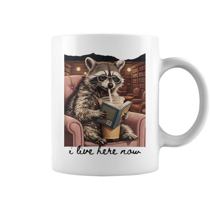 Bookish Mom Raccoon I Live Here Now Library Book Lover Graphic Print Coffee Mug