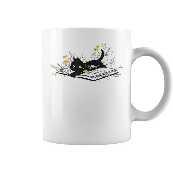 Cute Book Cat Book Lover Floral Teacher Life Women Graphic Print Coffee Mug