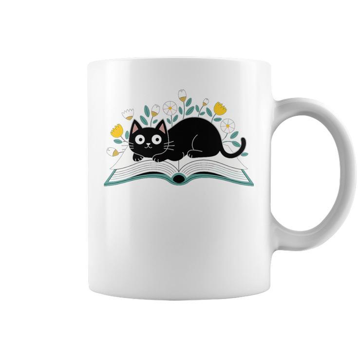 Cute Cat On Book Fun Flower Feline Pet Lover Premium Tri-Blend Graphic Print Coffee Mug
