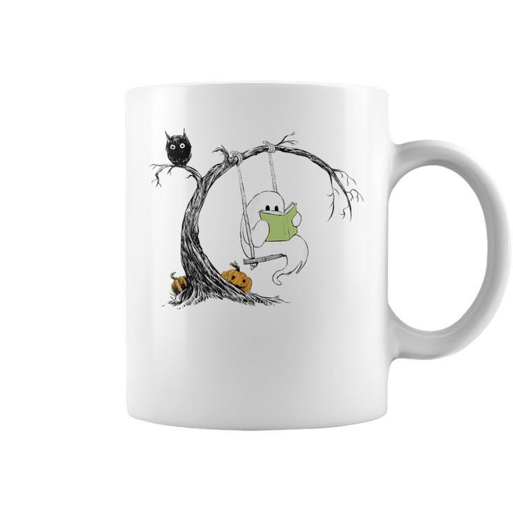 Cute Ghost Costume Reading Book Halloween Graphic Print Coffee Mug