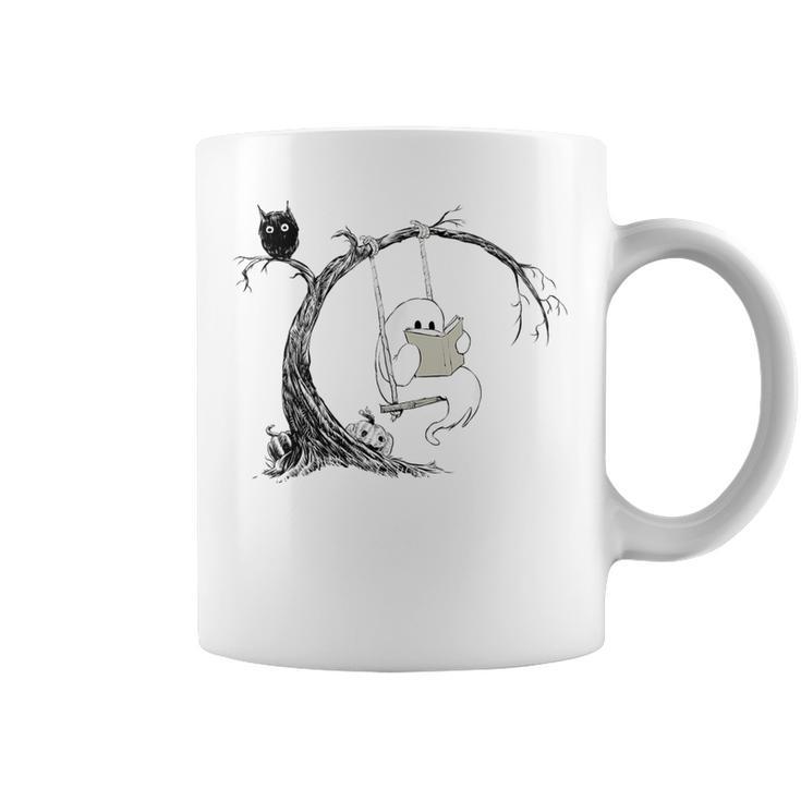 Cute Ghost Swinging Reading Book Halloween Ghost Costume Graphic Print Coffee Mug