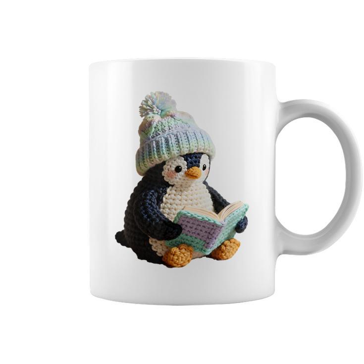 Cute Penguin Reading Book Faux-Crochet Print Graphic Print Coffee Mug