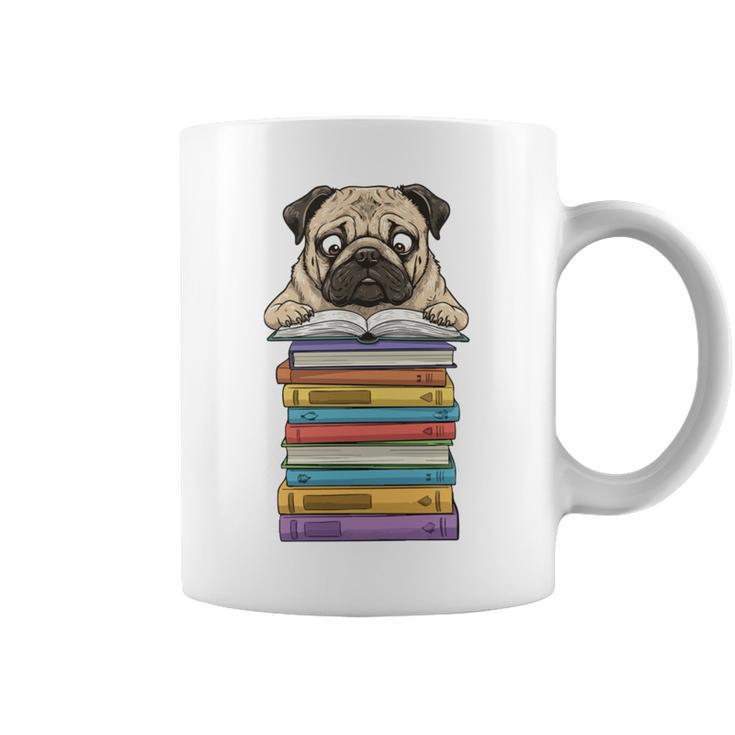 Cute Pug Dog Reading Book On Pile Of Books Graphic Print Coffee Mug