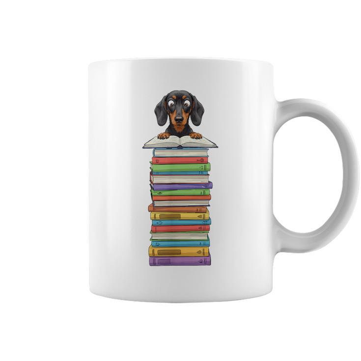 Cute Wiener Dog Dachshund Reading On Pile Of Books Graphic Print Coffee Mug