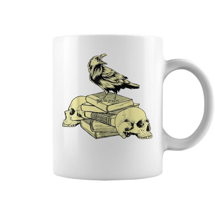 Dark Academia Aesthetic Raven Crow On Old Books Skull Goth Graphic Print Coffee Mug