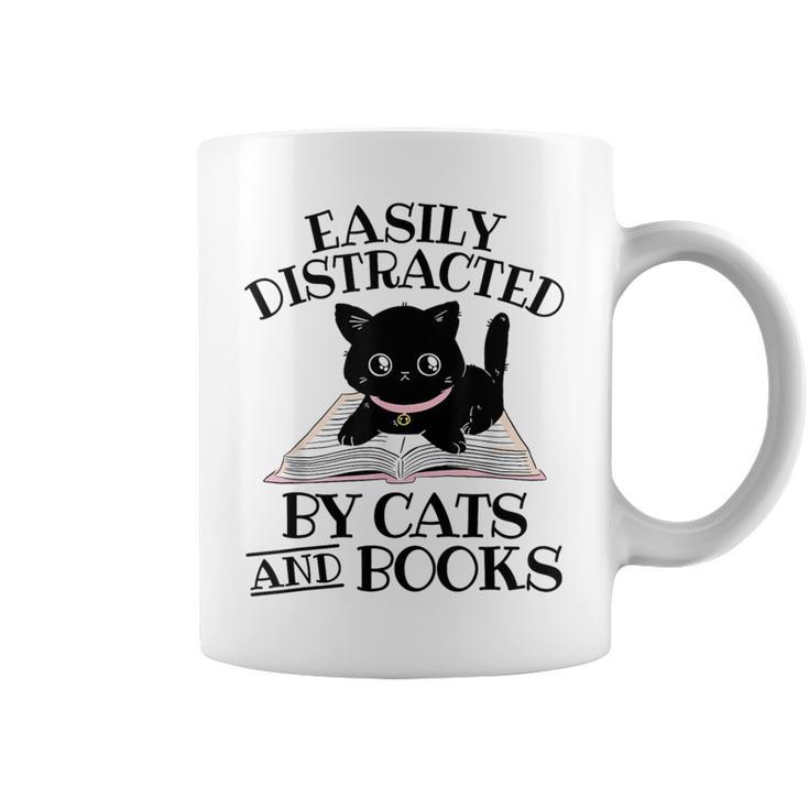 Easily Distracted By Cats And Books Cat Book Lover Graphic Print Coffee Mug