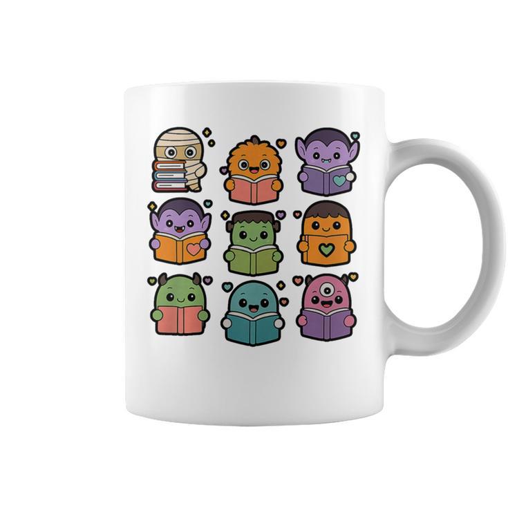 Halloween Monsters Reading Books Pattern Spooky Kawaii Anime Premium Tri-Blend Graphic Print Coffee Mug