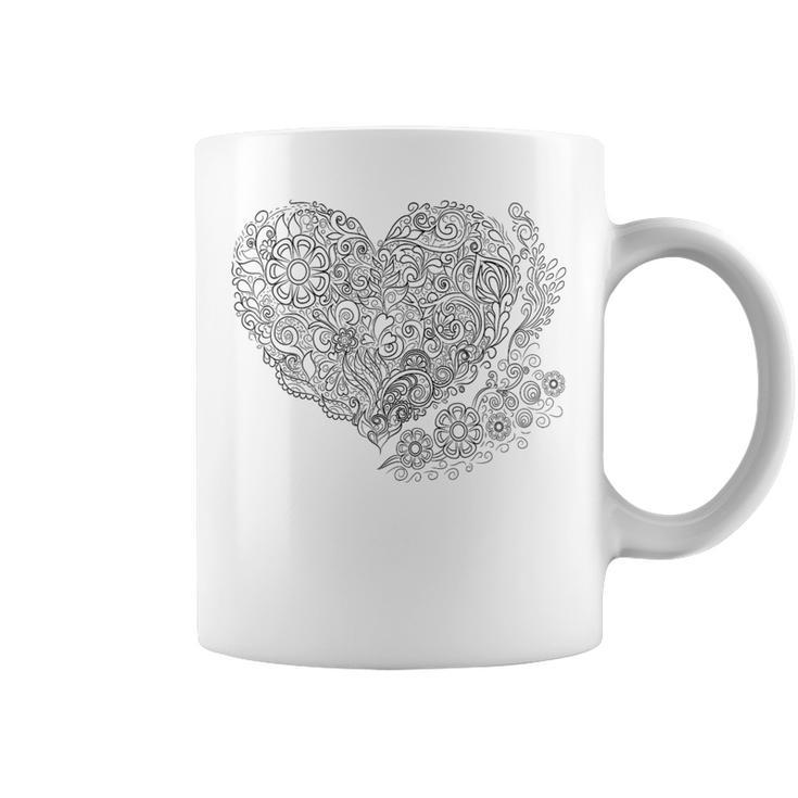 Heart Shaped Adult Coloring Book Style Fashion T Shirt Graphic Print Coffee Mug