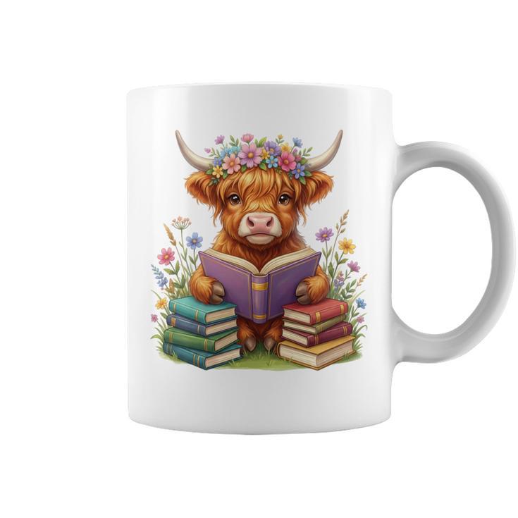 Highland Cow Book Floral Bookworm Librarian Cute Easter Day Graphic Print Coffee Mug