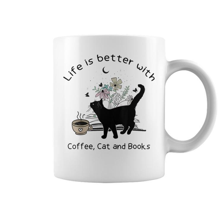 Life Is Better With Coffee Cat And Books Cat Sayings For Men Women Girls Kids Graphic Print Coffee Mug