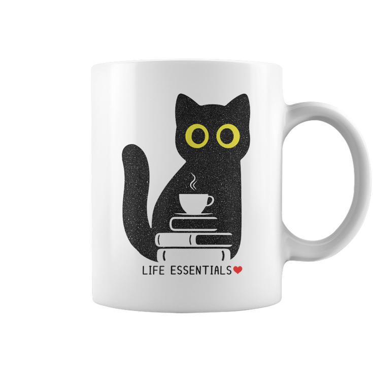 Life Essentials Witty Grungy Noisy Book Tea And Cat Graphic Print Coffee Mug