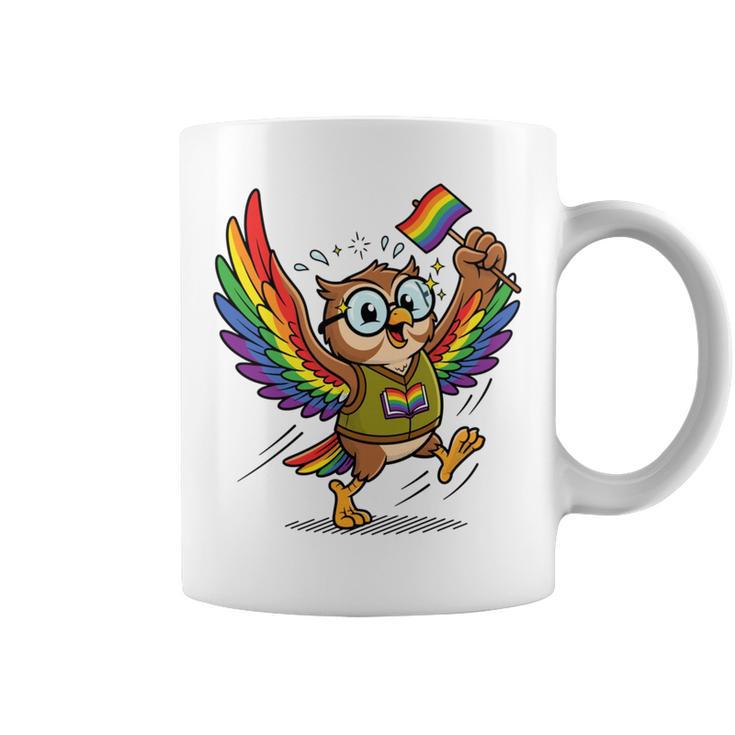 Owl With Pride Flag Book Lover Rainbow Library Graphic Print Coffee Mug