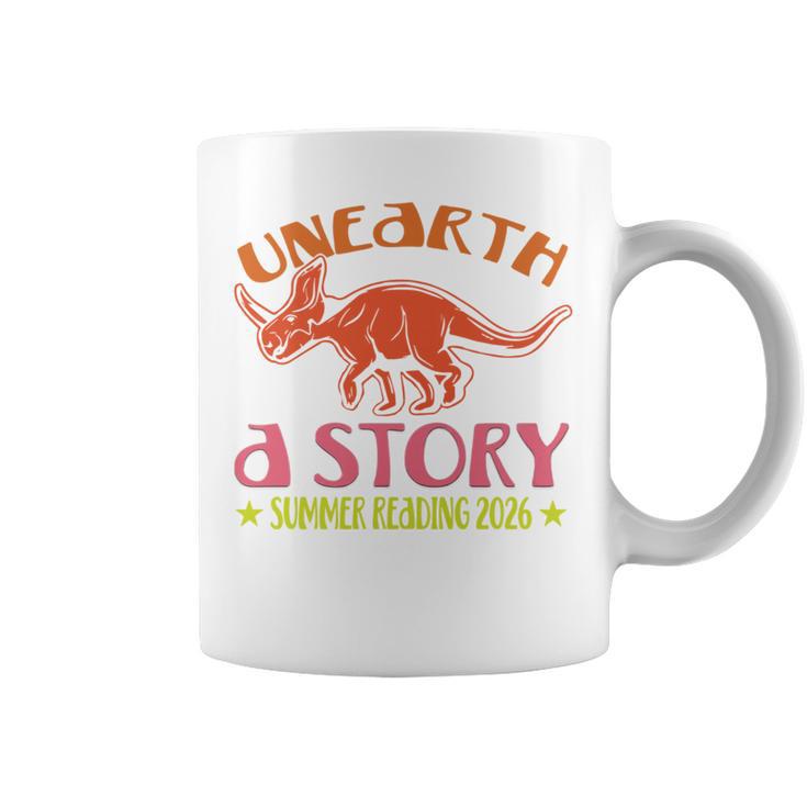 Unearth a Story Summer Reading 2026 Triceratops Dino Book Graphic Print Coffee Mug