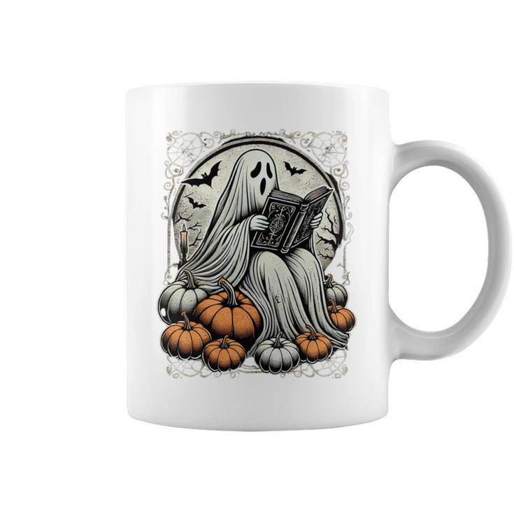 Vintage Ghost Reading Book Pumpkins Goth Halloween Teachers Graphic Print Coffee Mug